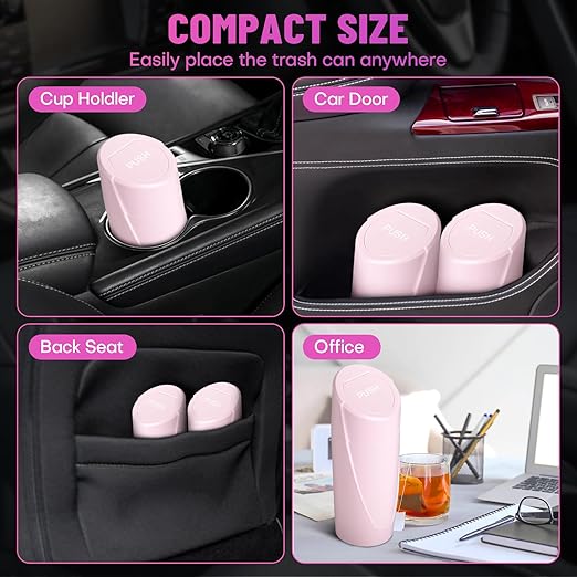 Car Trash Can Bin with Lid - 2 Packs Car Garbage Can Cup Holder - Pink Mini Leakproof Vehicle Garbage Bin with 40pcs Trash Bags-Automobile Organizers and Storage for Front Back Seat Accessories