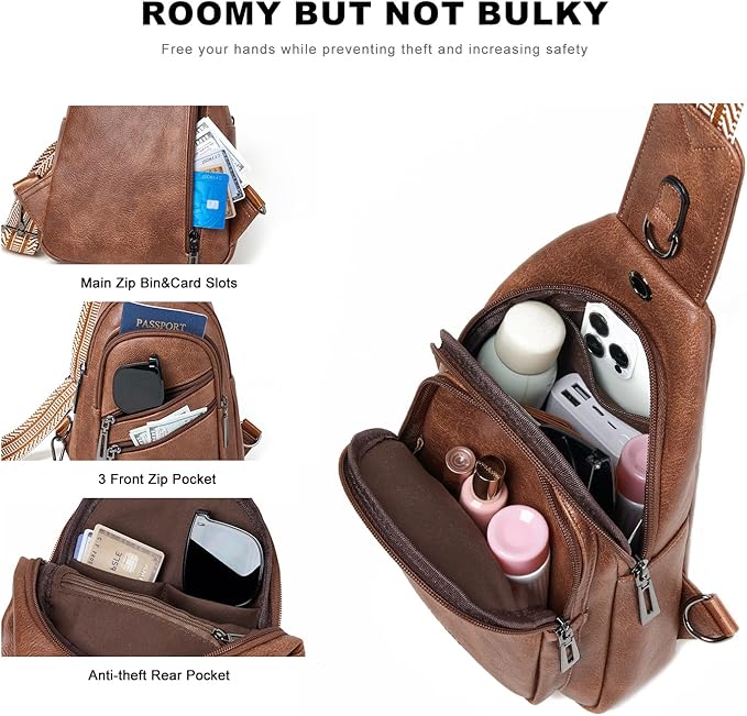 7L Crossboydy Sling Bag for Women Vegan Leather Crossbody Purse Fanny Pack Chest Bag for Travel, Brown