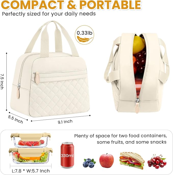 Insulated Lunch Bag for Women, Portable Lightweight Lunch Box for Adults, Reusable Small Lunch Tote Cooler Bags with Front Zipper Pocket for Work School Picnic(Beige)