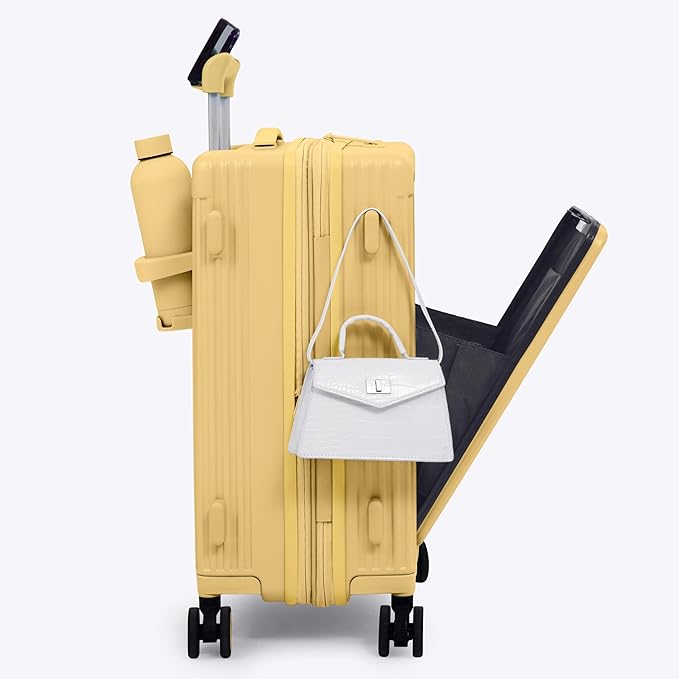 NOBL Travel Carry On Expandable Luggage, Noble Aluminum Frame PC Hard Shell Suitcase, 22.5”x14.2”x9.8” Airline Approved, 360° Spinner Wheels, TSA Lock, USB Charging, Cup & Phone Holder - Butter Yellow