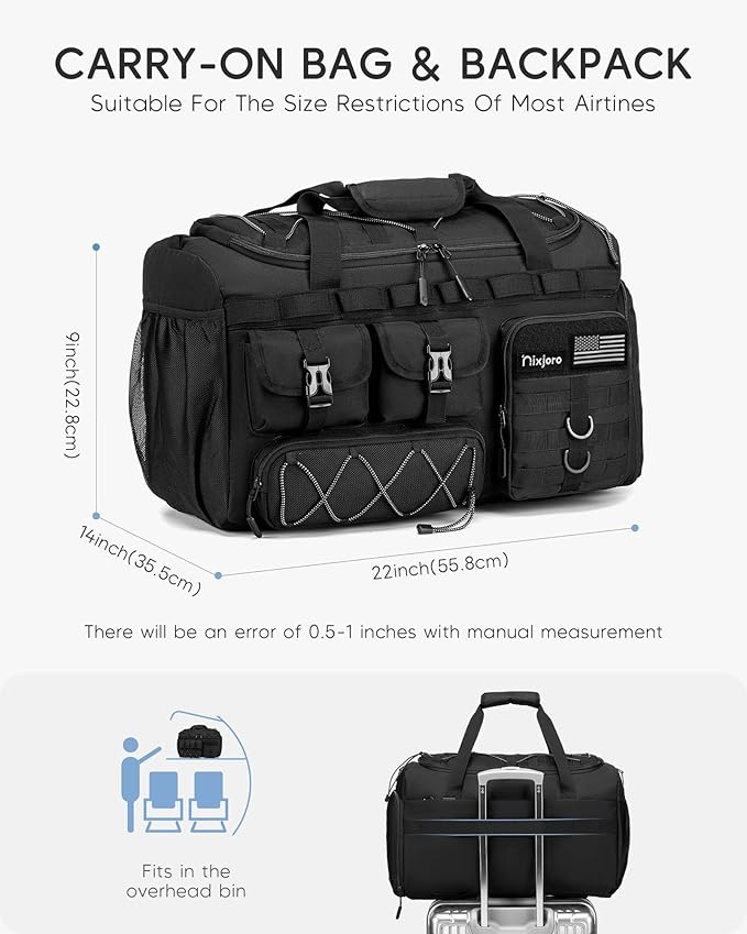 Tactical Gym Bag for Men Women, Carry On Luggage 22x14x9 Airline Approved 3 in 1 Travel Duffle Bag with Shoe Compartment for Weekender Overnight Range Workout