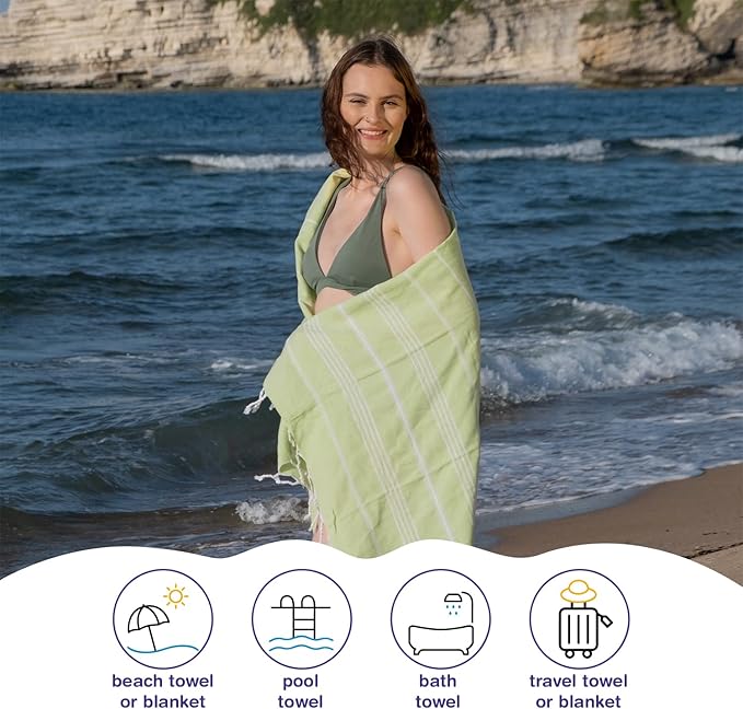 Turkish Beach Towels, Pack of 6 | Oversized, Quick Dry, Sand Free | 100% Cotton, Large 38x71 Towels for Beach, Pool, Travel | Ultra-Soft, Compact, and Absorbent | Pistachio Green