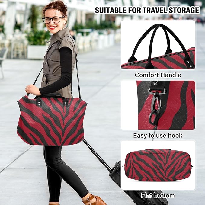 Travel Duffle Bag, Red Black Tiger Stripes Pattern Gym Bag with Storage Bag Weekender Overnight Bag for Men Women Trip Sports Yoga