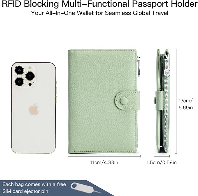Genuine Leather RFID Blocking Passport Holder Wallet, Multi-Functional Travel Document Organizer with SIM Card Slots (Blue)