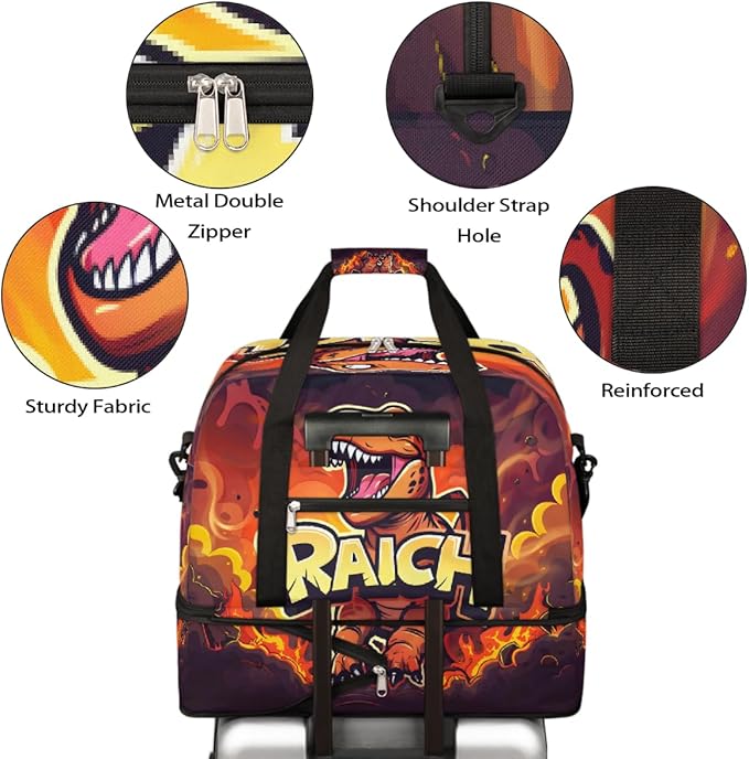 Red Animal Dinosaur Large Weekender Bag with Shoe Compartment Travel Duffel Bags for Women Carry On Hospital Overnight Bag Foldable Personal Item Travel Bags Tote Gym Sports Airplanes