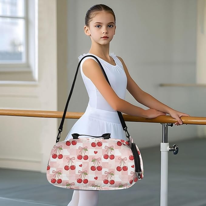 Cute Cherries Bows Pattern Kids Sports Duffle Bag for Boys Girls Toddler Weekender Overnight Bag with Shoe Compartment & Wet Pocket Kids Travel Bag for Travel Sport Gym Dance