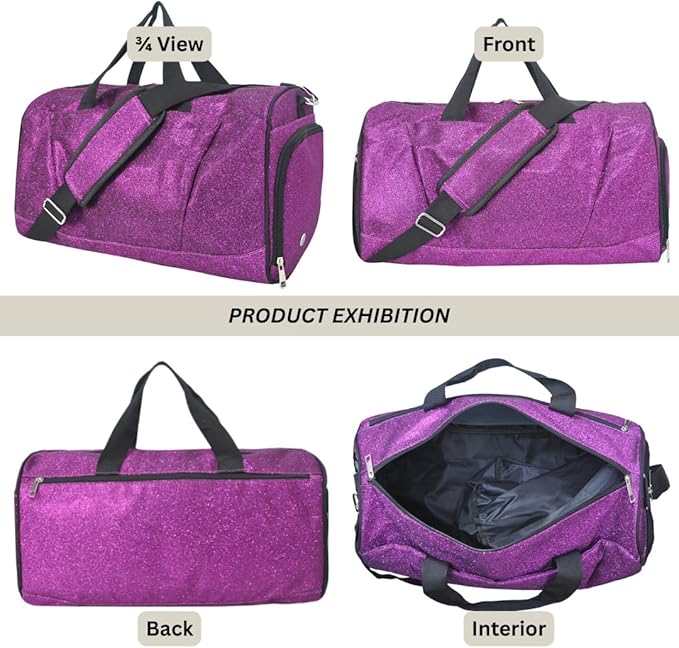 NGIL Glitter Cheers Sports Gym Duffel with Shoe Compartment and Small Carry on Travel Tote Bags for Women, Gym bag, Overnight bags for Women, Cheer Bag (Glitter-Purple)