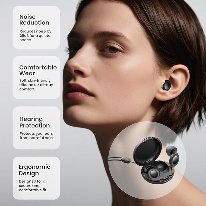 Adhiper Ear Plugs,Silicone Noise-Reducing Earplugs for Sleep,Travel,Concerts,Shooting Guns,Work,DJs,Nightlife,Swimming,Surfing,Snorkeling,Showering,Water Pool,Beach,Ocean,Sports(Black)