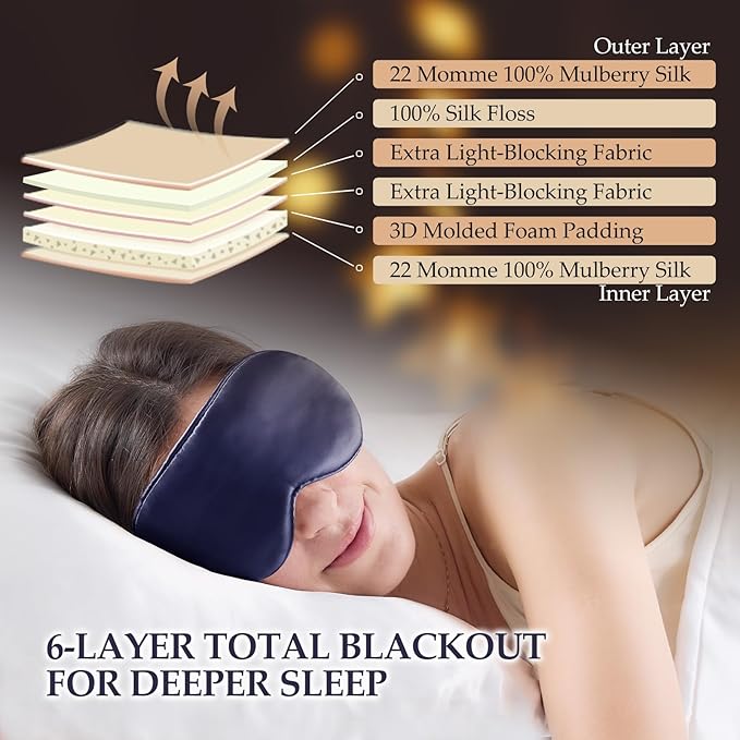 100% Mulberry Silk Sleep Mask for Unisex, 22 Momme 3D Silk Contoured Eye Mask, Breathable Light Blocking Blindfold with Adjustable Strap, Blackout Eye Cover for Travel, Blue