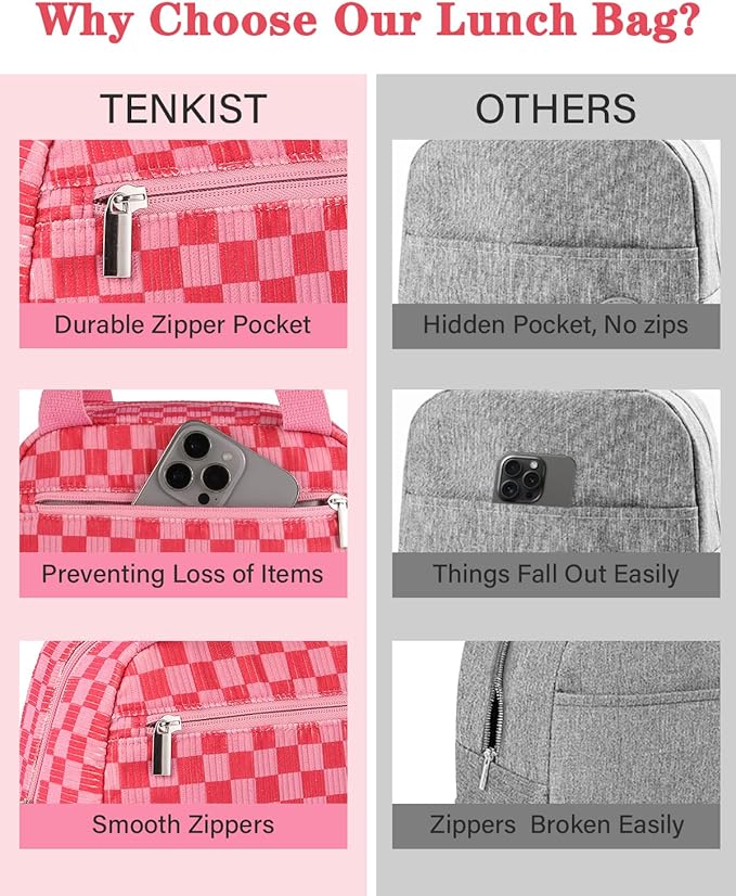Cute Lunch Box Tote Bag - Corduroy Insulated Cooler Bags for Women - Lightweight Reusable Portable Soft Lunch Pail Kit for Kids Teen Girl Adults Work School Picnic Travel Checkered Pink 8L