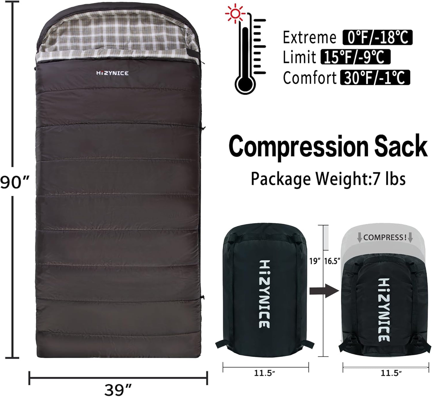 0 Degree Sleeping Bag 100% Cotton Flannel XXL for Adults Big and Tall Cold Weather Winter Zero Degree Camping,Free Compression Sack