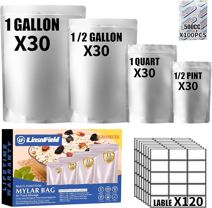 120PCS Mylar Bag Bundle, 4 Multi-Size Pouches(11Mil), 100x500cc Oxygen Absorbers, 120 Labels, Heat Sealable, Food Safe, BPA-Free – for Strong, Secure Long Term Food Storage, Silver