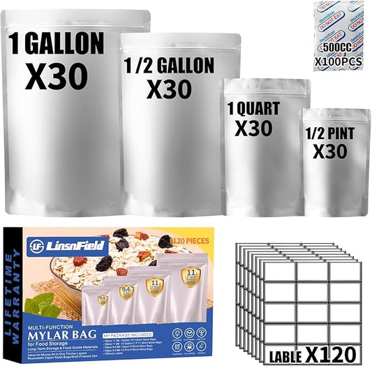 120PCS Mylar Bag Bundle, 4 Multi-Size Pouches(11Mil), 100x500cc Oxygen Absorbers, 120 Labels, Heat Sealable, Food Safe, BPA-Free – for Strong, Secure Long Term Food Storage, Silver