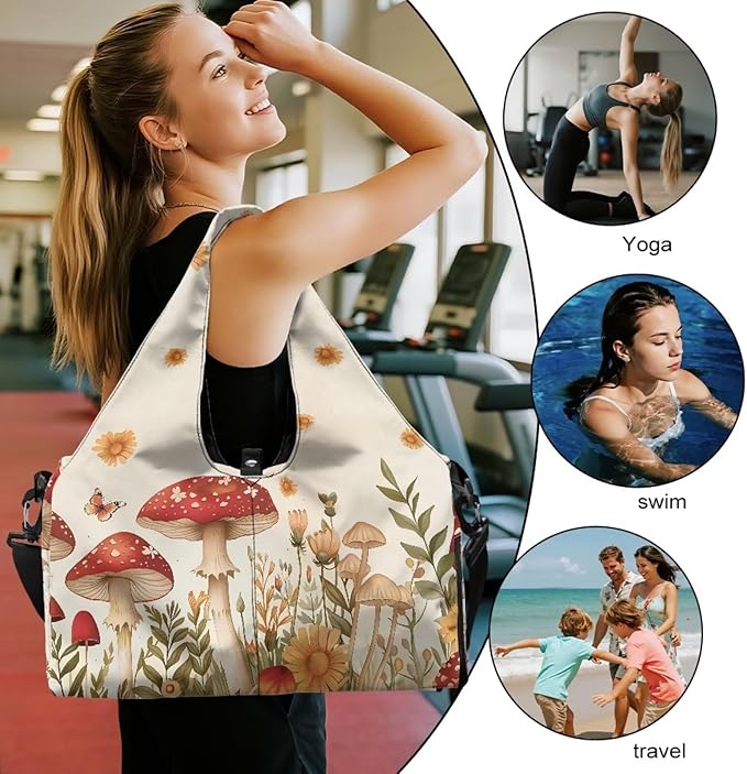 Gym Bag with Yoga Mat Holder, Shoe Compartments, Mushroom Womens Gym Bag Double Zipper Lightweight Breathable Carry On Bag for Travel Work Gym