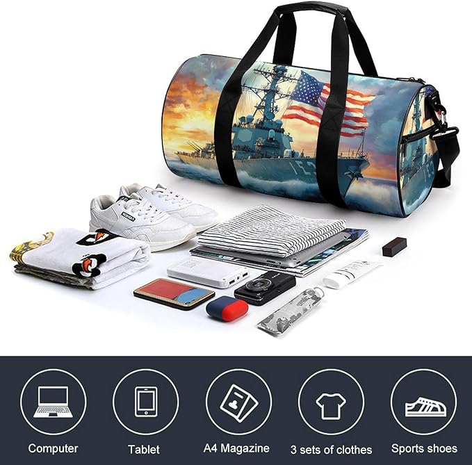 U.S Flag Warship Navy Battleship Gym Bag Travel Duffel Bag Lightweight Carry On Bags Weekender Bags for Women Men