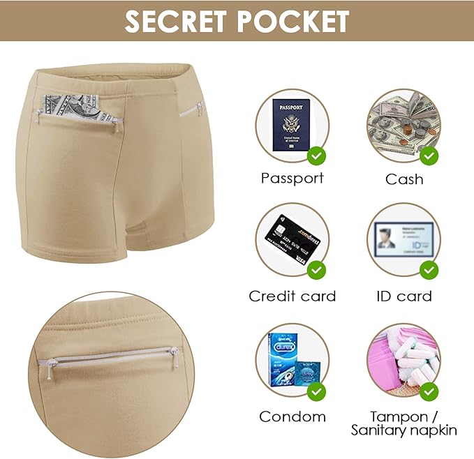 Women's Underwear with Secret Pocket Panties, 2 Packs Anti Pickpocket Travel Boxers (Nude)