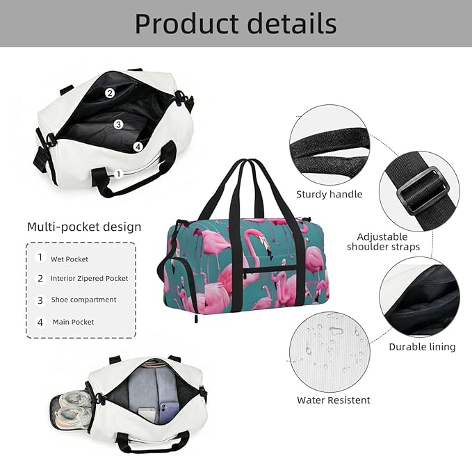 A flock of flamingos Print Gym Bag with Shoe Compartment for Women Men, 17.7in Sports Duffle Weekender Tote, Overnight Travel Duffel Bag Carry On