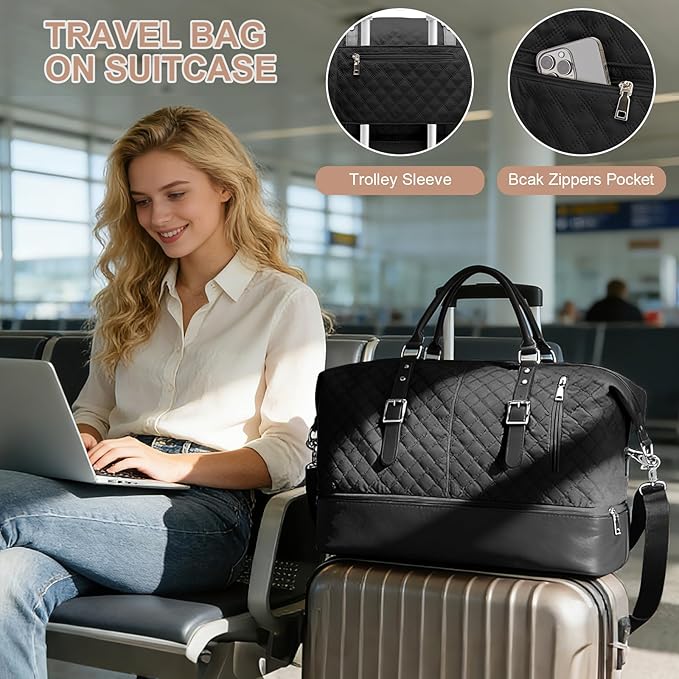 Travel Duffel Bag, Weekender Overnight Bag for Women with Trolley Sleeve, Carry On Bag for Airplanes Sport Tote Gym Bag with Shoes Compartment.(Black)
