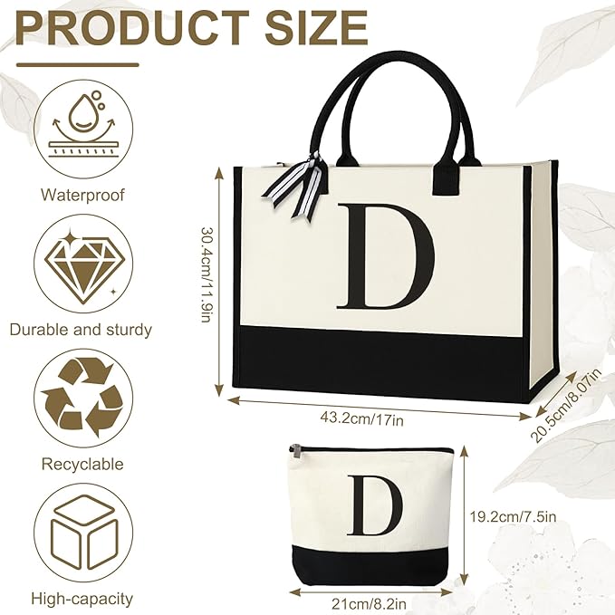 Personalized Canvas Tote Bag for Women Makeup Pouch Initial Beach Bag Removable Bottom Board for Travel Birthday