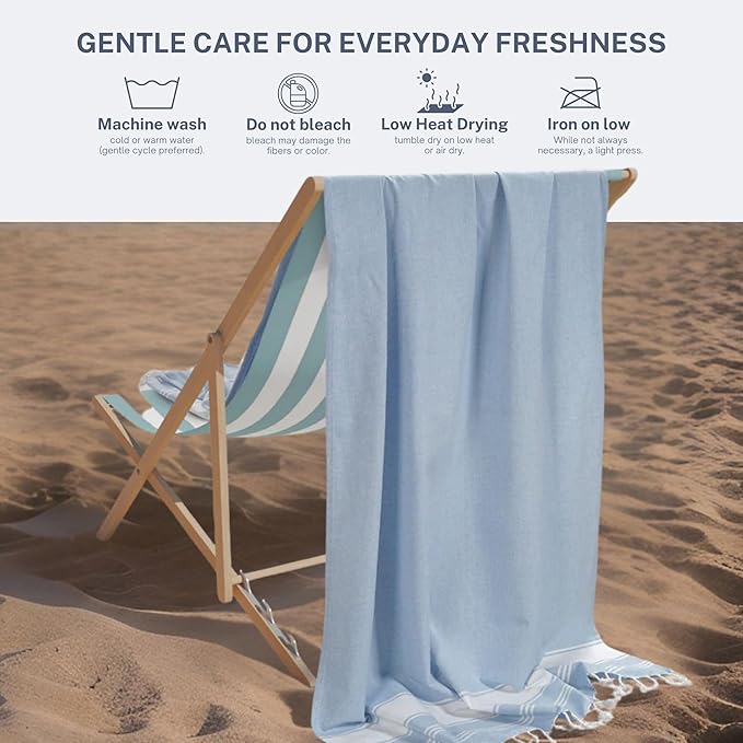Cotton Turkish Beach Towel with Towels Oversized 36"x72" Pool Absorbent Extra Large Quick Dry Sand Travel Towel (Sky Blue, 2 Pack)