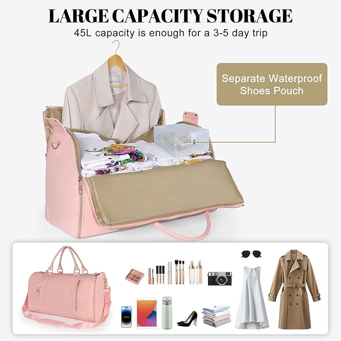 Geestock Garment Bag for Travel, Convertible Carry On Garment Duffle Bags for Women with Shoe Pouch & Detachable Shoulder Strap, Large PU Leather, 2 in 1 Hanging Suitcase Dress Suit Travel Bag, Pink