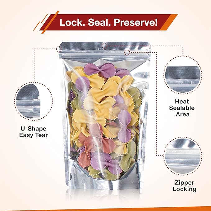 BELLE KR® Pint Mylar Bags for Food Storage - Pack Of 300-5x8-7.5mil Thick - Gusseted Bottom Clear Front Mylar Bags for Freeze Dryer - Labels Included