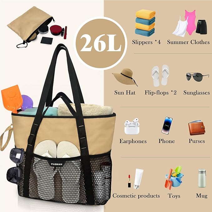 Large Beach Bag with Zipper-8 Pockets Sandproof Beach Tote Bag for Women,Foldable Lightweight Family Swim Bag Vacation