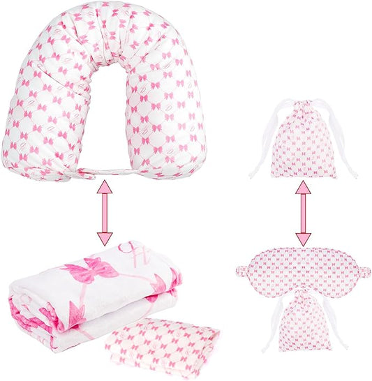 Travel Pillow with Detachable Flannel Blanket & Eye Mask – Plush Velvet Neck Support Pillow for Airplane,Car,Office Rest,Coordinated Digital Print Set (Pink Bow, 50in * 60 in)