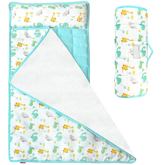 Moonsea Nap Mat with Pillow for Toddlers Dinosaur and Fleece Minky Blanket, Lightweight Perfect for Toddlers Preschool, Daycare, Travel Sleeping Bag Boys Girls, 21" x 50" Fit on a Standard Cot
