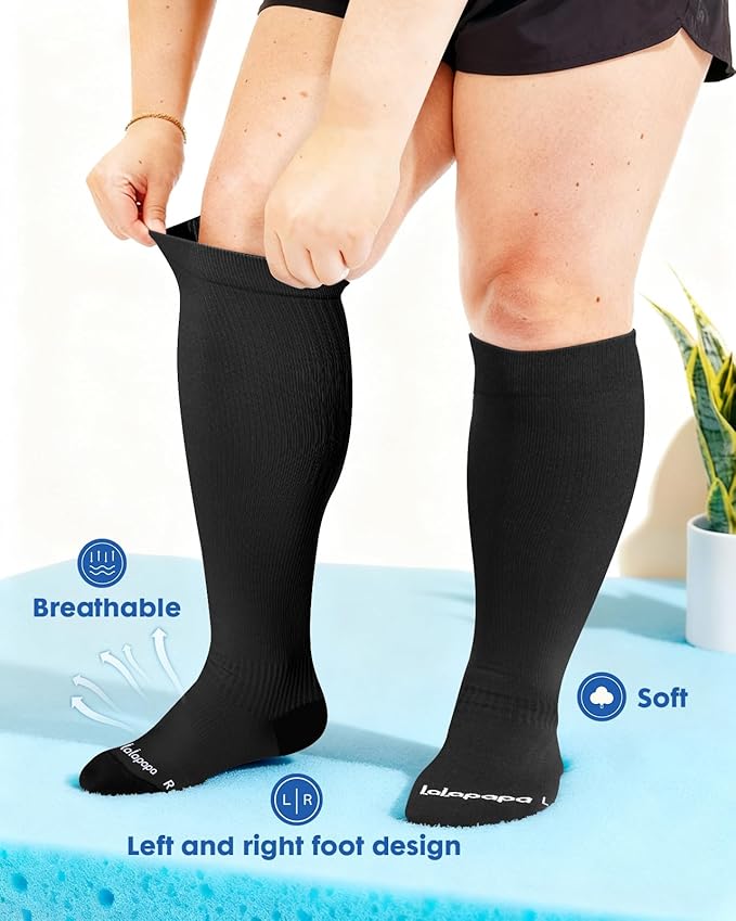 Wide Calf Compression Socks for Women - 3-Pair Plus Size 20-30mmHg Ankle Support Easy on off Socks for Travel Nurse