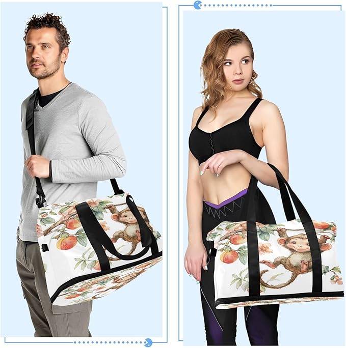 Travel Duffel Bags for Women Watercolor Monkey with Peach & Flower Sports Duffel Bags Gym Bags with Shoes Compartment Tote Bag Weekender Bag for Travelling