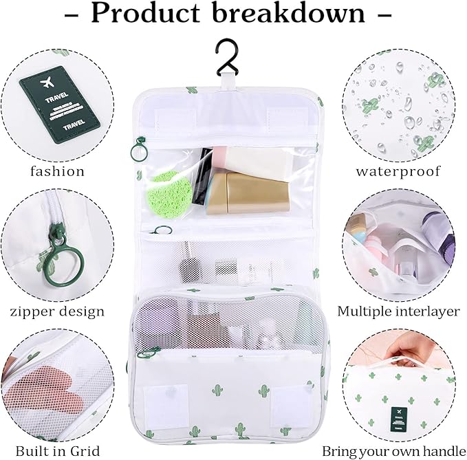 Pengxiaomei Toiletry Bag, Waterproof Hanging Cosmetic Bag Portable Travel Makeup Pouch Multifunction Handle Travel Bathroom Bag Stocking Stuffers for Women and Girls Christmas Gifts(Cactus White)