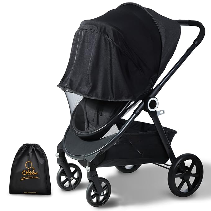 Orzbow Baby Mosquito Net with Sun Shade UPF50+ for Stroller, Universal Stroller Mosquito Netting Privacy Cover with Two-Way Zipper and Storage Bag for Car Seats, Bassinets, Cradles, Mini Cribs, Black