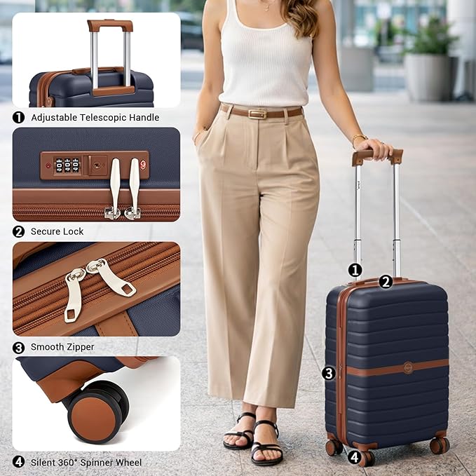 Kono Expandable Carry On Luggage 22x14x9 Airline Approved with Spinner Wheels, 20 Inch Durable PC+ABS Hardshell Travel Suitcase Rolling Luggage with Lock, Navy/Brown