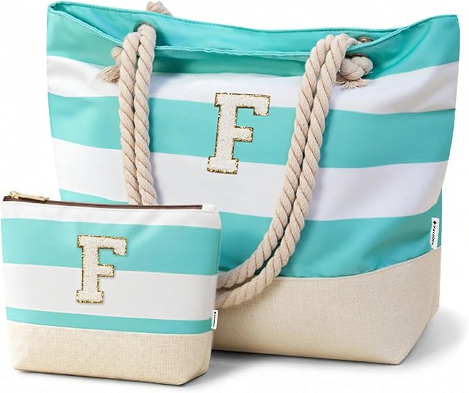 Vavabox Initial Beach Tote Bag for Women, Water-resistant Foldable Travel Beach Bag Set, Birthday Gifts for Women Mom