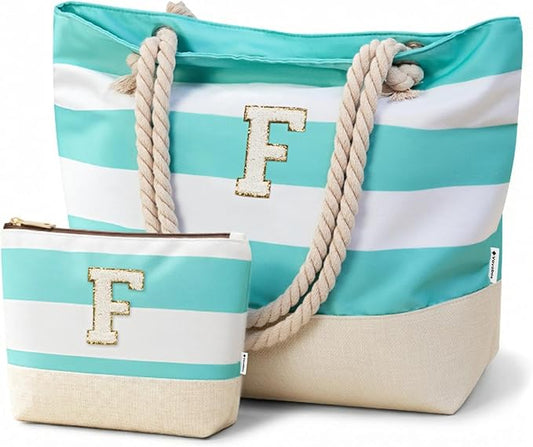 Vavabox Initial Beach Tote Bag for Women, Water-resistant Foldable Travel Beach Bag Set, Birthday Gifts for Women Mom