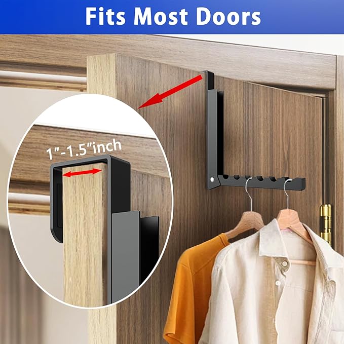 2 Pcs Over The Door Hooks - Folding Over Door Clothes Drying Laundry Rack with 6 Groves - Hanger for Clothes & Towels (Black)