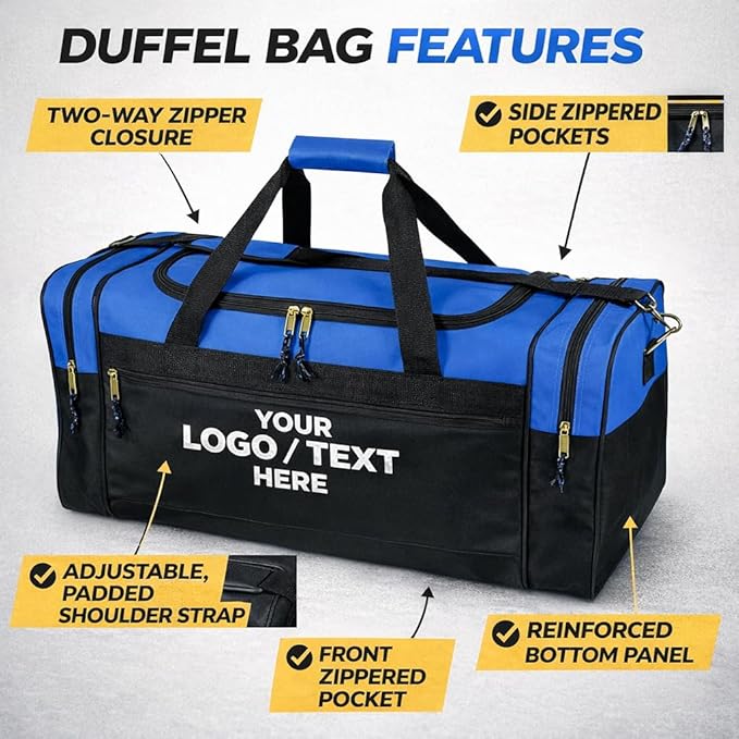 Custom Logo/Text Duffel Bag - Gym Travel Bag – Small & Large Sizes – Sports, Overnight, Team Bag with Shoulder Strap