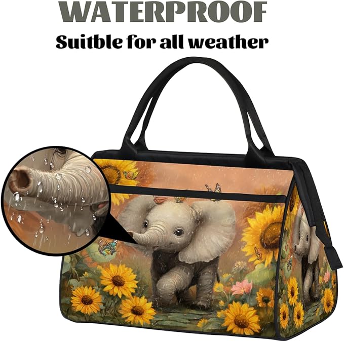 Cute Sunflower Elephant Butterfly Overnight Weekender Bags for Women Men, Waterproof Travel Carry On Duffel Bag, Lightweight Sports Gym Bag for Fitness, Workout, Travel