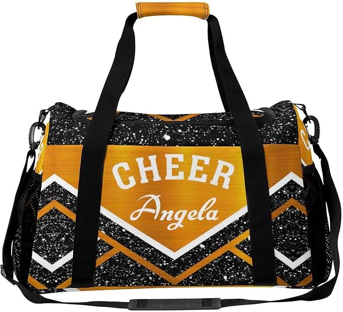 Custom Multifunctional Duffel Bag with Name Gym Bags Adjustable Shoulder Strap Travel Bag for Teens Cheerleadings Orange Black Glitter Print Casual Bag