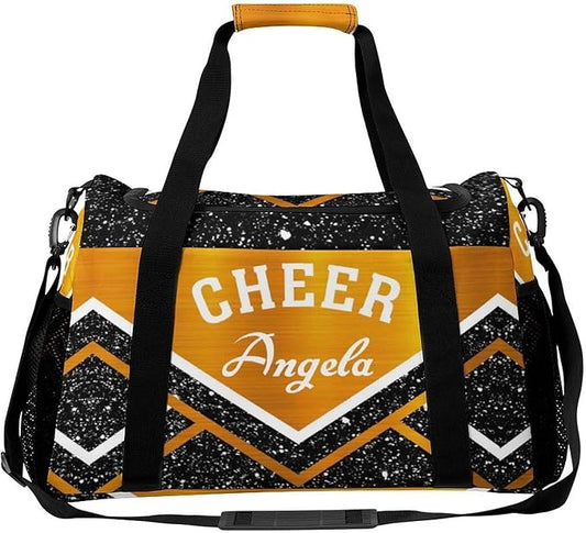 Custom Multifunctional Duffel Bag with Name Gym Bags Adjustable Shoulder Strap Travel Bag for Teens Cheerleadings Orange Black Glitter Print Casual Bag