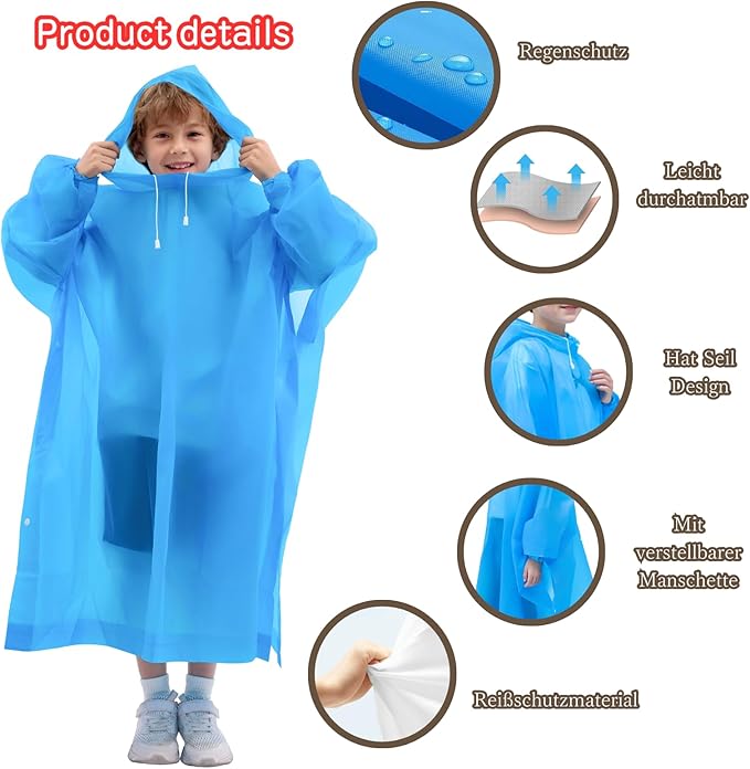 DZTSMART Reusable Waterproof Kids Rain Ponchos 2 Packs - 8-14Y, Hood & Sleeves, Park Essentials
