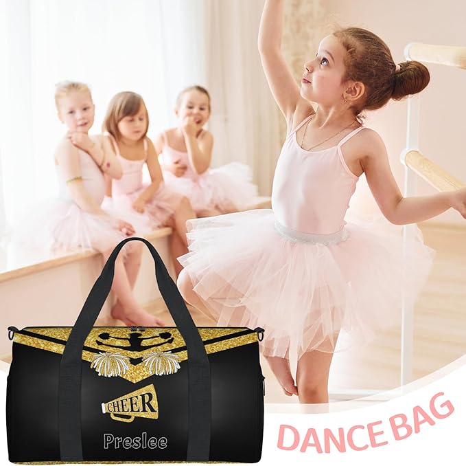 Personalized Cheerleader Bag with Name, Custom Small Sport Duffel Weekender Bags Travel for Gym Dance Trip Outdoor Activities, Yellow Glittering Black Cheerleading Team