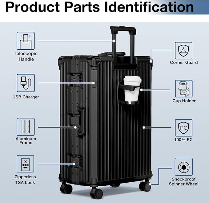 Krute Aluminum Frame Luggage 28 Inch Checked Suitcase With Wheels No Zipper PC Hard Shell Suitcases with Cup Holder and Charger Zipperless Large Travel Luggage