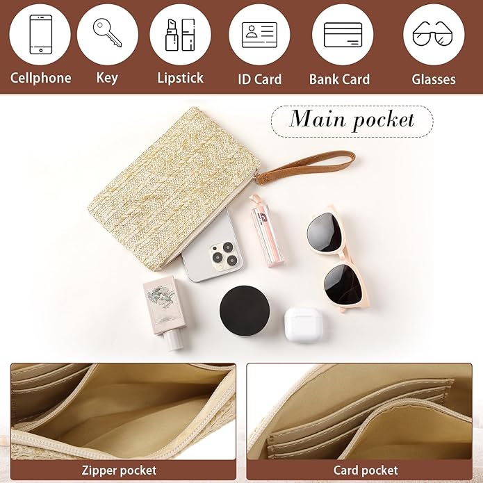 Clothirily Straw Purse Bag for Women Bohemian Handbag with Zipper Wristlet, Beach Clutch Womens Straw Clutch Purse for Summer