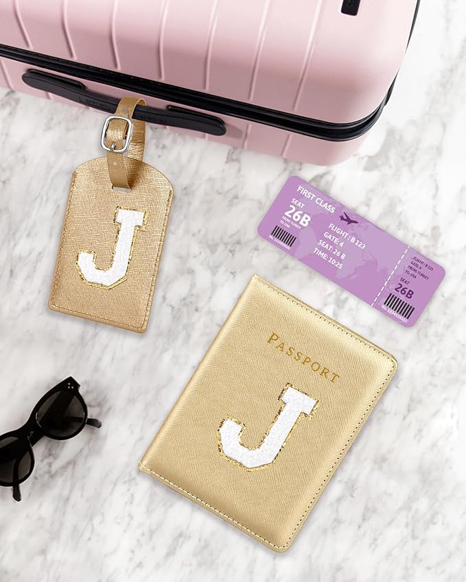 Slohif Passport Holder Initial Lugguage Tag Set Suitcase Cover Wallet Case for Travel Women - Leather Letter Passport Book Personalized Organizer Card Protector Sleeve Essentials Slim Carrier Gold J