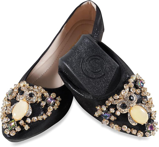 Women Ballet Flats Sparkly Rhinestone Wedding Ballerina Shoes Pointed Toe Foldable Comfort Slip on Flat Dress Shoes