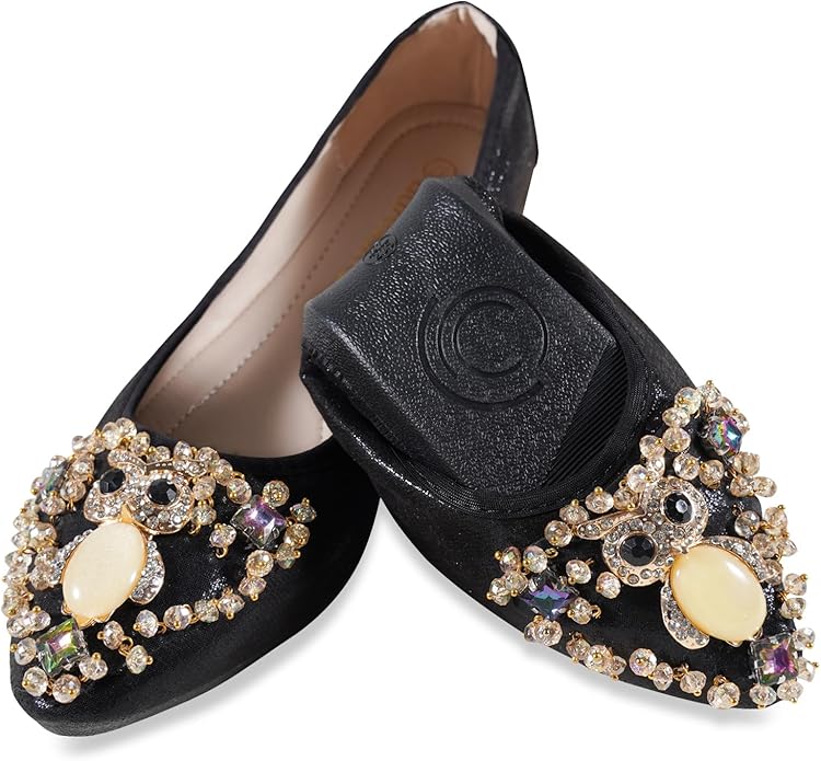 Women Ballet Flats Sparkly Rhinestone Wedding Ballerina Shoes Pointed Toe Foldable Comfort Slip on Flat Dress Shoes