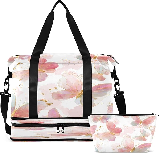Travel Duffel Bags for Women Pink Butterfly Sports Duffel Bags Gym Bags with Shoes Compartment Tote Bag Weekender Bag for Travelling