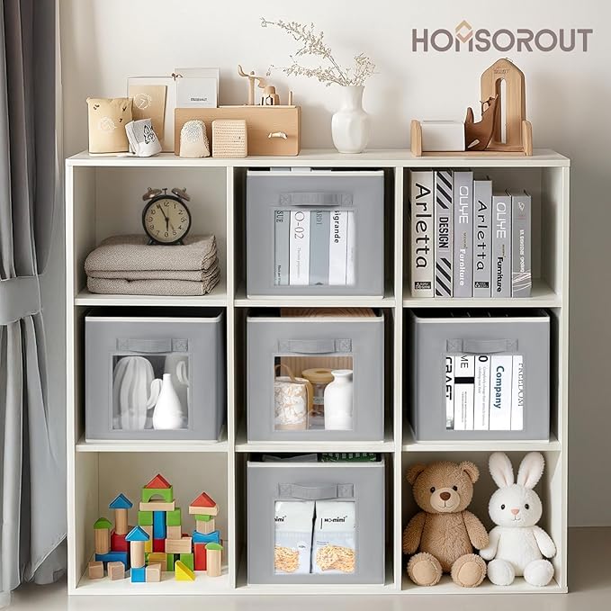 Foldable Storage Cubes - Cubby Storage Organizer with Window, 11 Inch Baskets for Organizing, Collapsible Fabric Storage Cubes for Shelves, Closet, 10 Pack, Grey